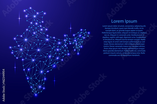 India map of polygonal mosaic lines, rays and space stars of vector illustration.