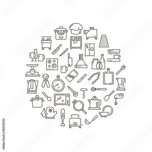 Cooking food in kitchen outline icons