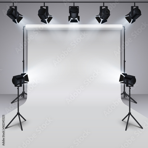 Lighting equipment and professional photography studio white blank background. 3d vector illustration