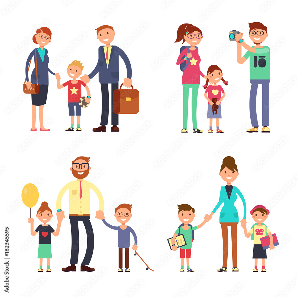 Kids and parents in happy family. Mom, dad and children vector flat characters set