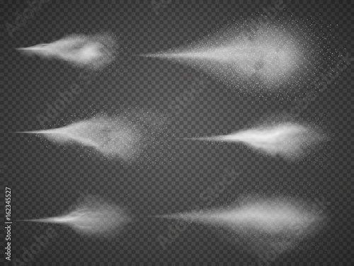 Airy water spray mist vector set. Sprayer fog isolated on black transparent background