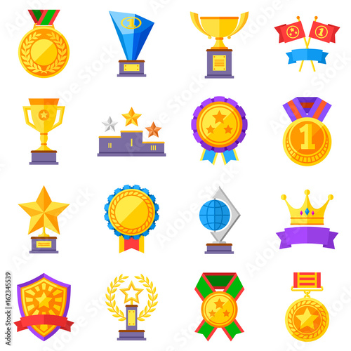 Flat rewards vector icons. Gold cups, medals and crowns pictograms