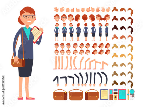Cartoon flat businesswoman vector character constructor with set of body parts and different hand gestures
