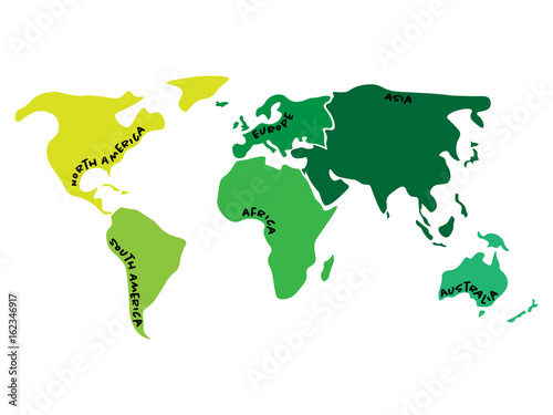 Multicolored world map divided to six continents in different colors - North America, South America, Africa, Europe, Asia and Australia Oceania. Simplified silhouette blank vector map with labels.