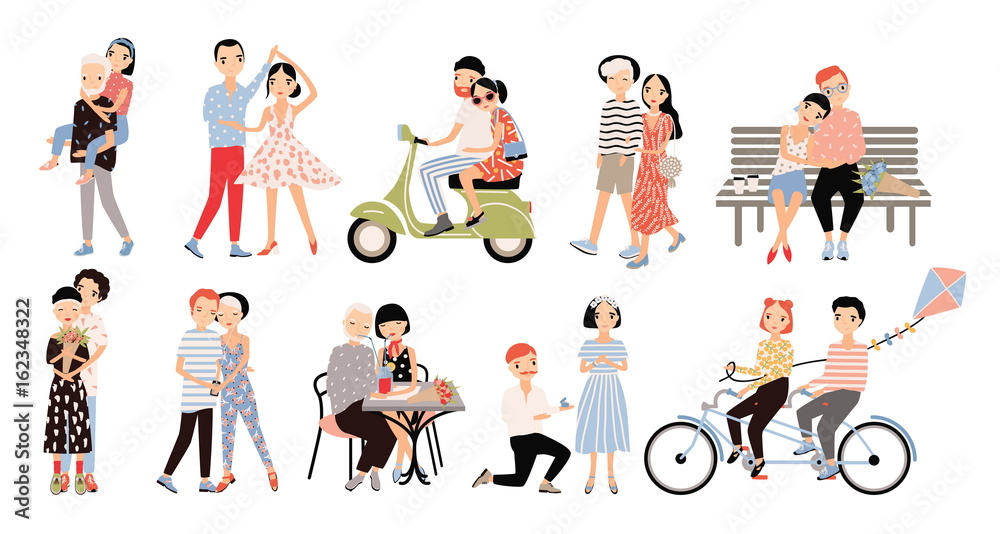 Set of couple in love. Different romantic situations walking, speaking, cycling, hugging, marriage proposal, dance, ride a moped. Colorful vector illustration in cartoon style.