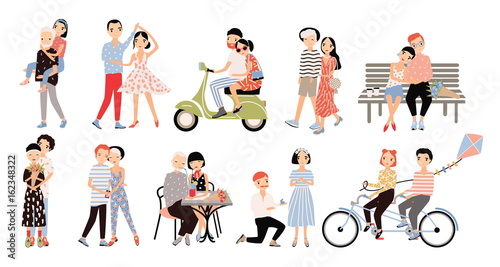 Set of couple in love. Different romantic situations walking, speaking, cycling, hugging, marriage proposal, dance, ride a moped. Colorful vector illustration in cartoon style. © Good Studio