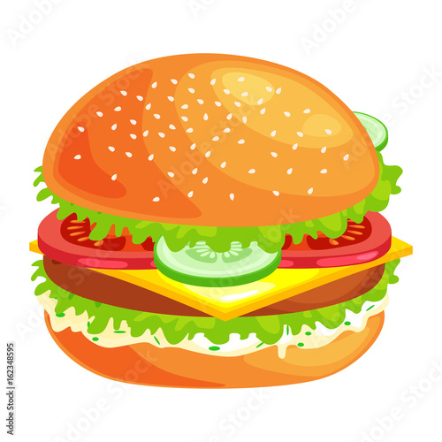 tasty burger grilled beef and fresh vegetables dressed with sauce in bun for snack or lunch  hamburger classical american fast food meal usual menu could be barbecue meat bread tomato cheese on white