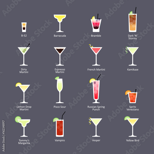 Alcoholic cocktails, IBA official cocktails New Era Drinks. Icons set in flat style on dark background