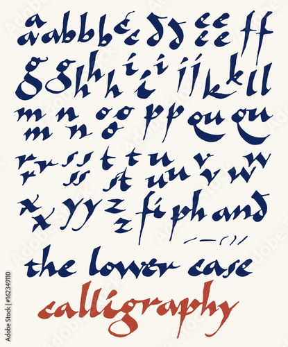 lowercase calligraphy alphabet, at least two alternatives per glyph