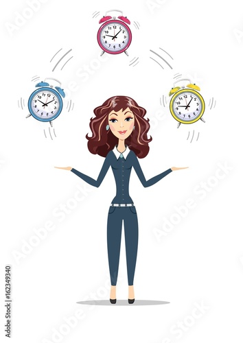 Businesswoman juggling with alarm clocks, symbolizing time management. Women in business holding Time. For use in presentations. Stock vector illustration