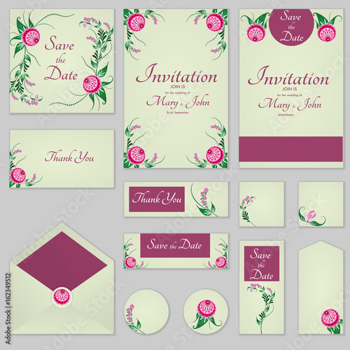 Collection Greeting cards with stylized burgundy roses, can be used as invitation card for wedding, birthday and other holiday and summer background.Slavic folk style. Floral template collection.