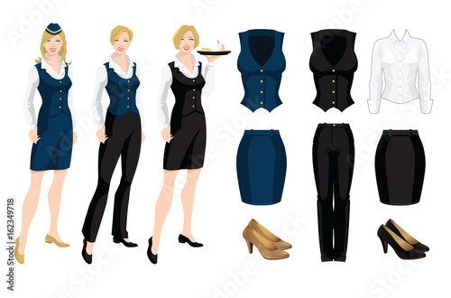 Vector illustration of corporate dress code. Formal suit and shoes isolated on white background. Young women in uniform.
