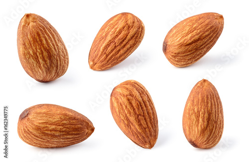 Almond isolated. Nuts on white background. Collection. Clipping path included. Full depth of field.