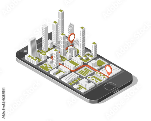 City isometric plan with road and buildings on smart phone. Map on mobile application. 3d vector illustration. 
