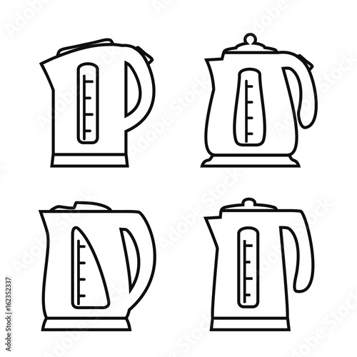 Kettle electric icon. Set of vector teapot icons in line design style