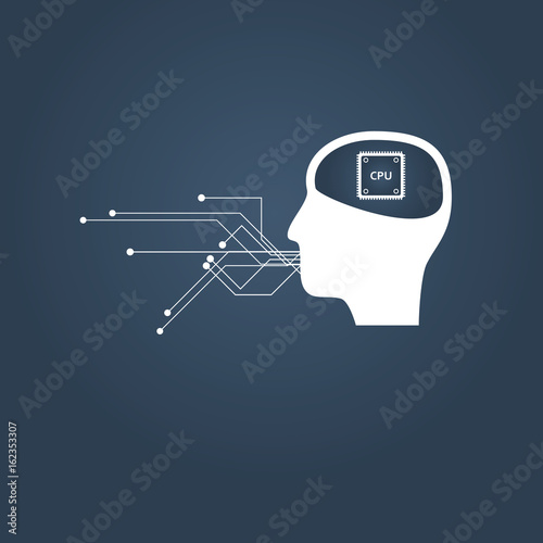 Artificial intelligence or AI communication vector concept. Human head with cpu inside.