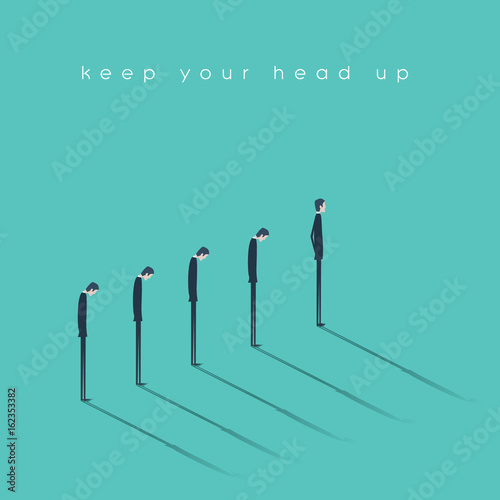 Think positive and keep your head up vector concept. Optimistic businessman standing in front of the line of pessimistic businessman.