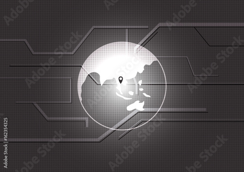 Abstract vector technology concept with world map on square mosaic background.