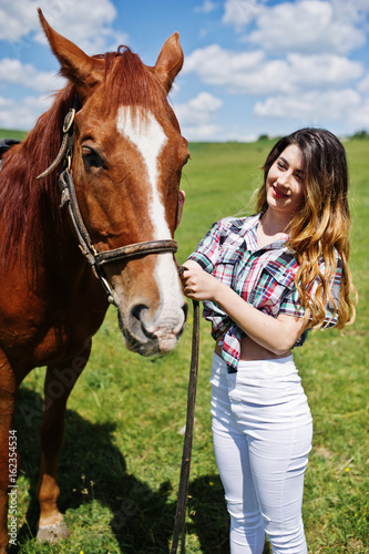 Young pretty girl stay with horse on a field at sunny day.