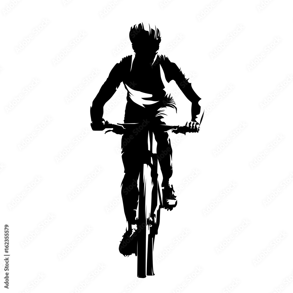 Fototapeta premium Mountain biker, front view, abstract vector silhouette. Cycling