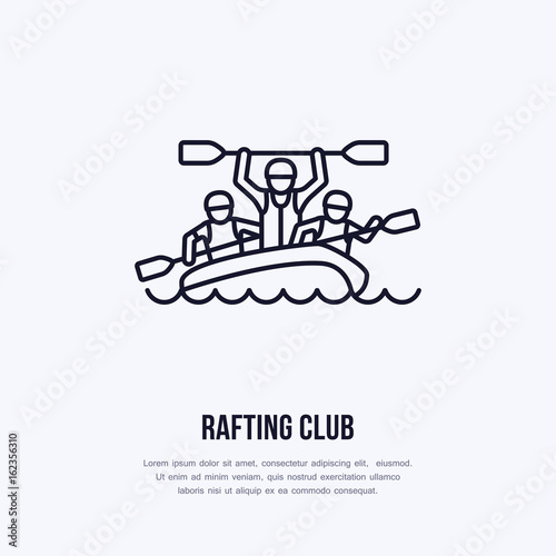 Rafting, kayaking flat line icon. Vector illustration of water sport - happy rafters with paddles in river raft. Linear sign, summer recreation pictograms for paddling gear store.