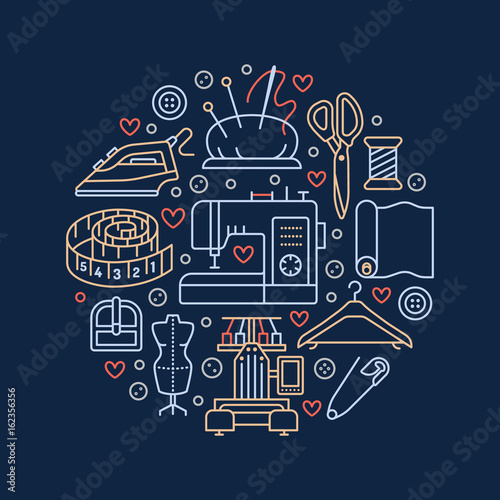 Sewing equipment  hand made supplies banner illustration. Vector line icon needlework accessories - sewing machine  fabric  pin  needle  thread  iron  hanger and other DIY tools. Tailor store template
