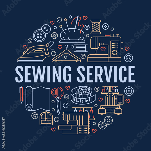 Sewing equipment, hand made studio supplies banner illustration. Vector line icon needlework accessories - sewing machine, fabric, iron, hanger, DIY tools. Tailor store template with place for text.