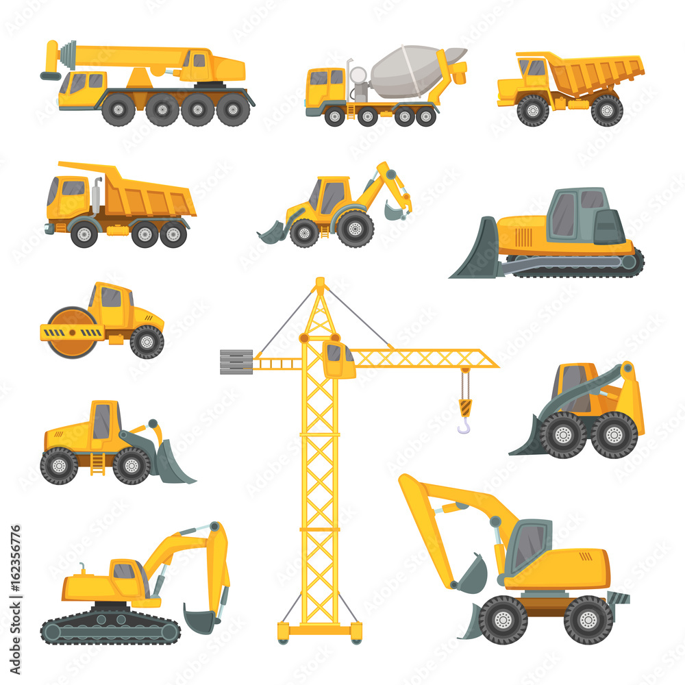 Heavy construction machines. Excavator, bulldozer and other technique.  Vector illustrations in cartoon style Stock Vector | Adobe Stock