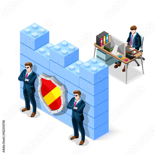 Network security concept with firewall blocks cyber attack flat isometric vector illustration.