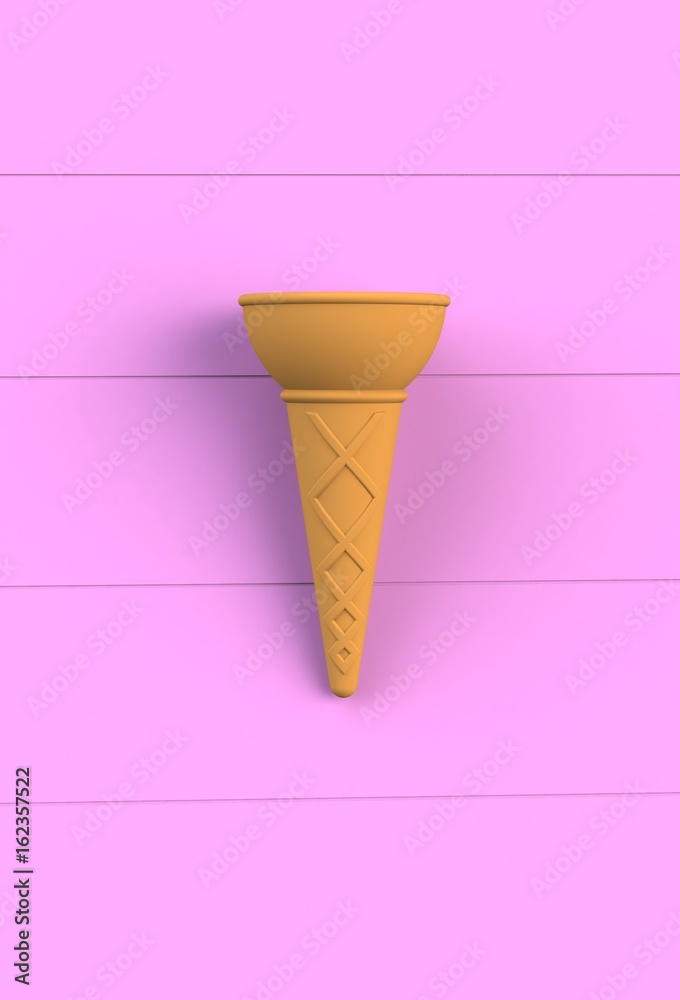 Sweet wafer cone on pink wooden board, 3D rendering
