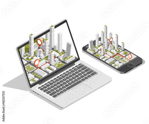 City isometric plan with road and buildings on smart phone and laptop. Map on mobile application. 3d vector illustration. 