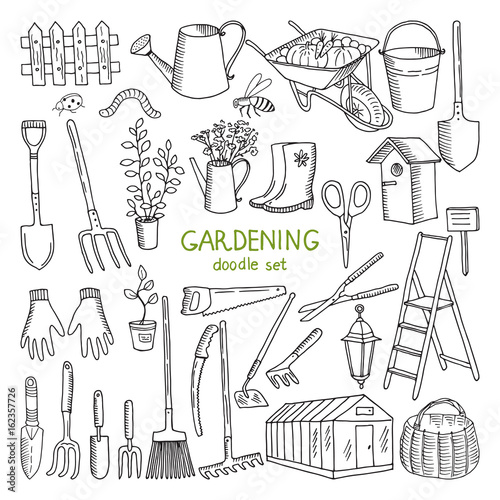 Vector hand drawn illustrations of gardening. Different doodle elements set for garden work