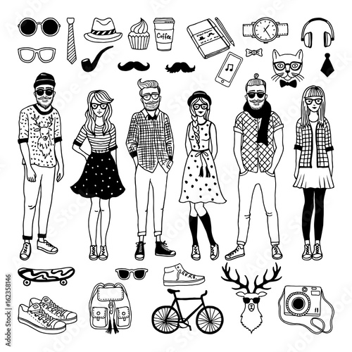 Funny hipster characters with funky fashioned elements isolate on white. Vector hand drawn illustrations