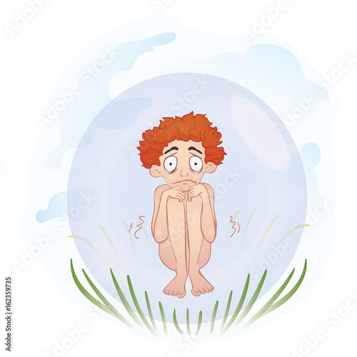 A naked man in a transparent ball. Vector illustration, isolated on white background.