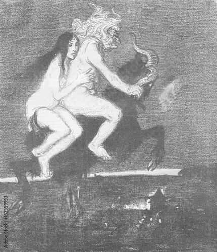 Tableau sur toile Two witches riding a flying goat to the sabbat.. Date: 1895