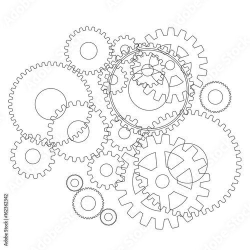 Gears in engagement. Engineering drawing abstract industrial background with a cogwheels.
