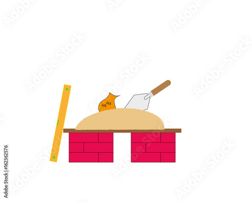 pile of brick with board covered in mortar shown with bricklayers tools and cash bag with £ symbols, concept for put your money into bricks and mortar.