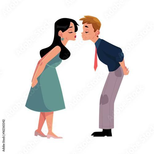 Young couple pretending to be kissing, going to kiss, cartoon vector illustration isolated on white background. Full length, side view portrait of cartoon couple going to kiss, pretending to kiss
