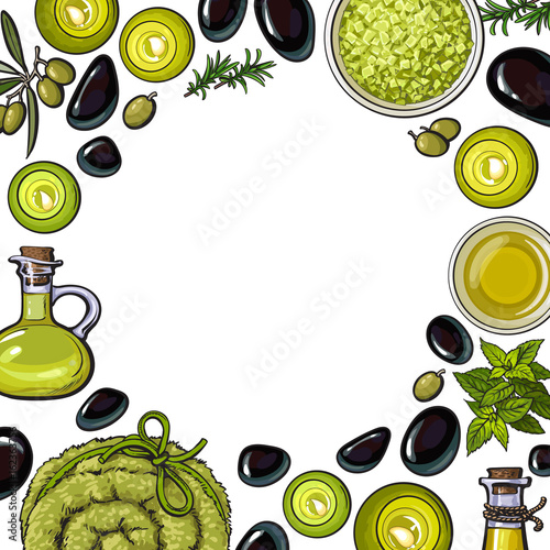 Square frame of spa accessories - candles, towel, stones, massage oil - with round place for text, sketch vector illustration on white background. Square frame, banner, label with spa accessories