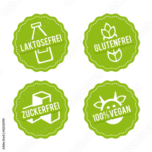 Vektor Symbole Vegan, Glutenfrei, Laktosefrei und Zuckerfrei.