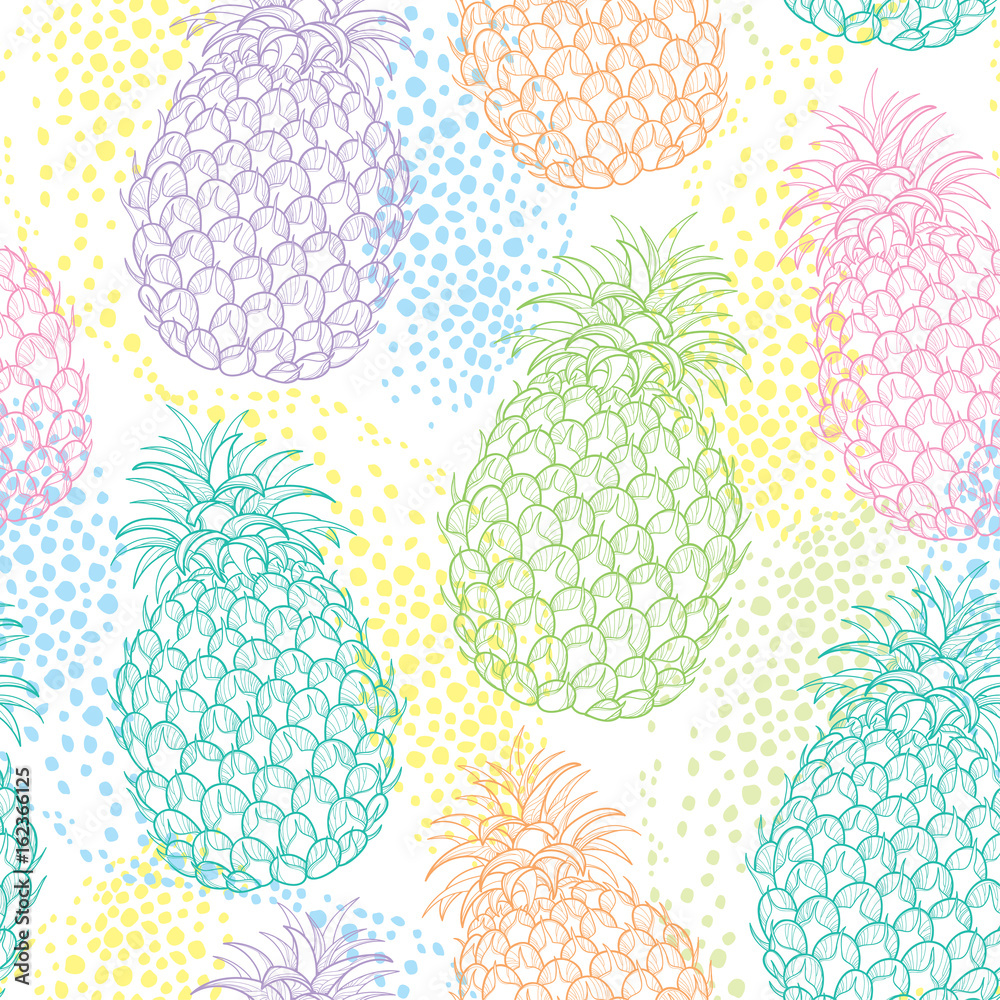 Vector seamless pattern with outline Ananas or Pineapple in pastel color  and dots on the white background. Fruit pattern with perennial tropical  plant in contour style for exotic summer design. Stock Vector
