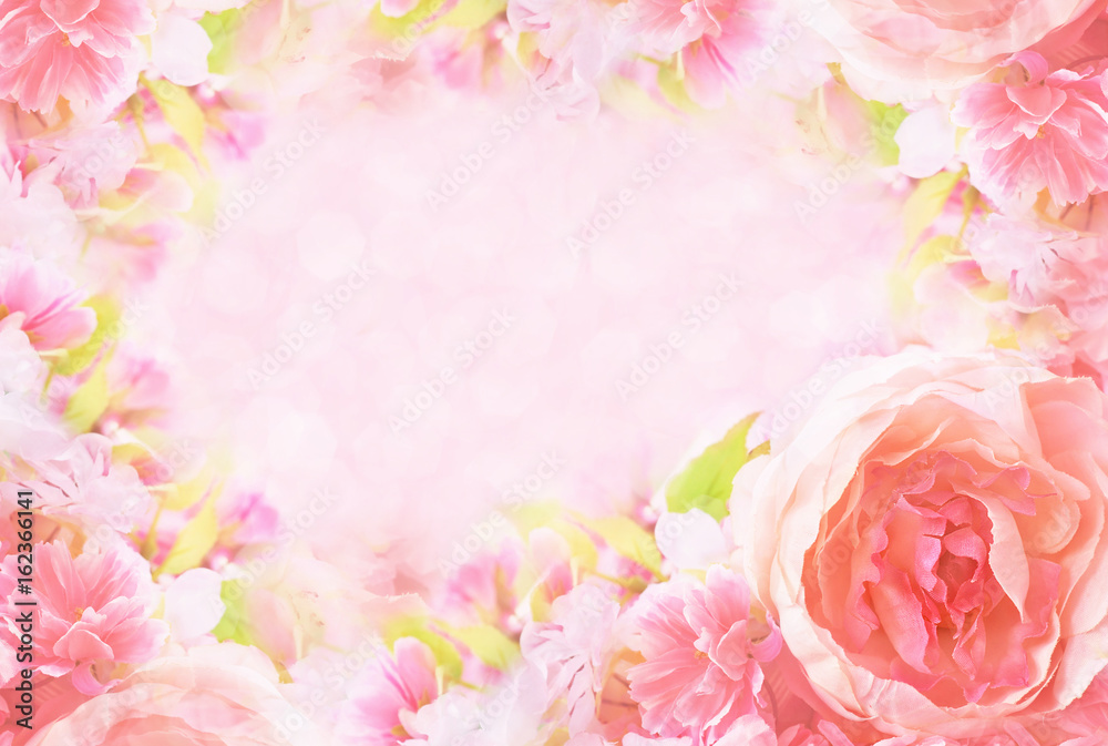 Artificial roses frame, toned, bokeh flower background, pastel and soft floral card