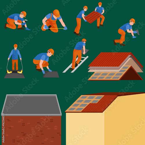 roof construction worker repair home, build structure fixing rooftop tile house with labor equipment, roofer men with work tools in hands outdoors renovation residential vector illustration