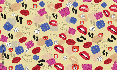 Pattern for backpacks, exercise books, posters, T-shirts, cups, .. cat, lips sexy, letters bright "yes," forward, "traces.