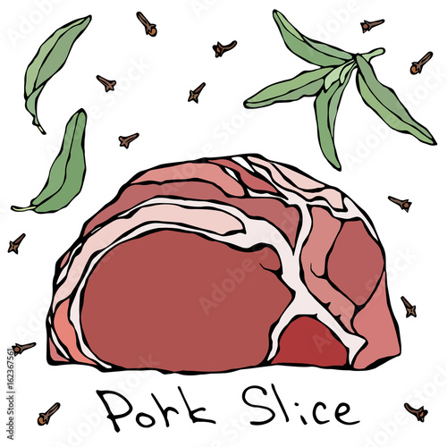 Row Pork Steak Slices and Herbs. Realistic Vector Illustration Isolated Hand Drawn Doodle or Cartoon Style Sketch. Fresh Meat Cuts.