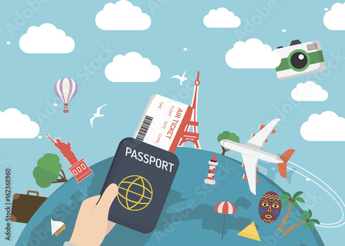 Time to Travel Around the World concept with hand holding passport 