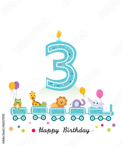 Canvas Print Happy third birthday greeting card. Birthday train with animals