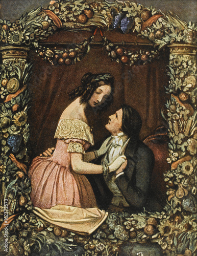Couple framed by foliage  The Confession. Date: circa 1850
