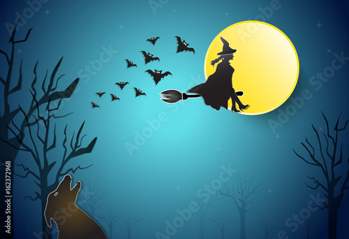 Young witch flying with wolf Halloween background