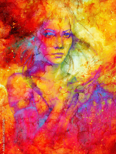 Goddess Woman in Cosmic space. Cosmic Space background. eye contact. Fire and crackle effect.